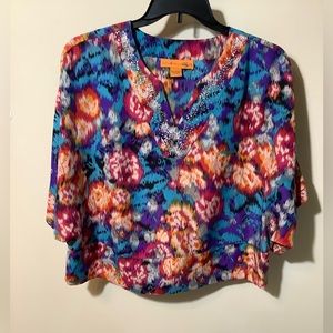 Selena&Maria embellished semi crop top watercolor brushstroke flowers w/silver L